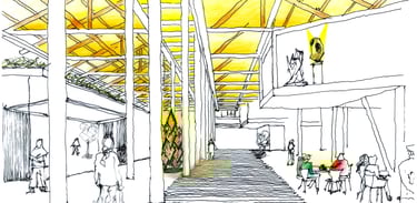 Direct sunlight in a building's interior, architectural sketch.