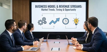 A group of businesspeople in a boardroom meeting are looking at a large screen presentation titled "