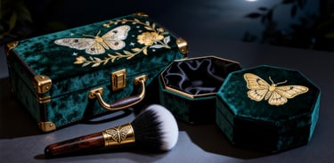 The "Midnight Garden" GWP set: a velvet trunk, makeup brush, and jewelry box.