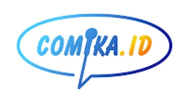 Comika.id official logo featuring a blue speech bubble and microphone stand icon for comedy media.