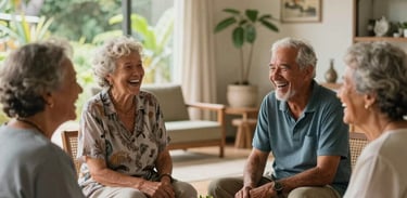 A lifestyle photograph of a small group of seniors laughing and talking together in a bright, airy common room with natural decor in Mauritius.