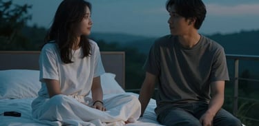 A peaceful North American bedroom scene at dusk, a couple sitting at the foot of the bed engaged in a calm, meaningful conversation. Atmospheric lighting, focus on soft textures and palette of deep teal and white.