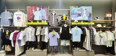 Modern clothing store display featuring trendy t-shirts, flannel shirts, and streetwear on metal racks.