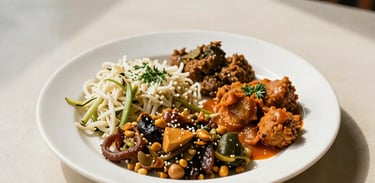 A high-angle shot of a simple, healthy South Asian vegetarian meal served on a clean plate, placed on a light cream table in a sunlit dining area.