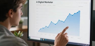 A digital marketer analyzing campaign growth charts on a modern display in a cozy Florida office context.