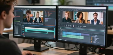Behind-the-scenes photography of a video editor refining social content on dual monitors in a polished Florida creative studio with soft lighting.