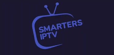 Smarters IPTV logo featuring blue text inside a stylized television icon on a dark background.