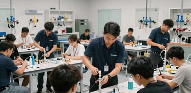 A wide shot of a modern, professional training facility in North America where instructors are demonstrating plumbing techniques to a group of engaged apprentices.