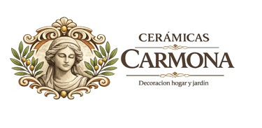 Ceramicas Carmona logo featuring a classical woman portrait with olive branches for home and garden decor.