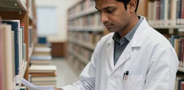 A South Asian / Indian researcher working in a bright library or archive, focused on documents, symbolizing the foundation's commitment to policy and research.