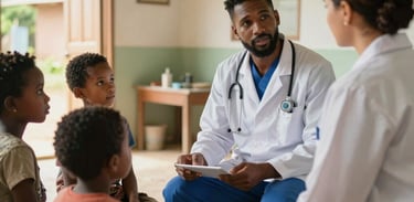 A mobile healthcare provider consulting with a family in a rural but well-kept community center, professional and warm interaction, International / Diverse Communities.