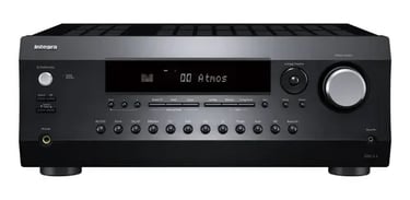 Integra DRX-2.4 black home theater receiver featuring Dolby Atmos support and front panel control knobs.