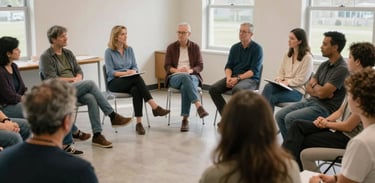 A peaceful, brightly lit community room in the US where people are gathered in a semi-circle, suggesting a supportive and safe discussion environment.