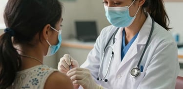 A sharp, focused photo of a medical professional providing a check-up at a community clinic in a North American setting, representing health and social well-being.