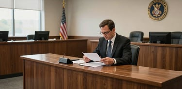 A wide shot of a North American / US courtroom, specifically focusing on the defense table where an attorney is reviewing documents. The atmosphere is solemn and professional, lit with natural window light.