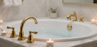 Warm, steaming bath in a luxurious bathroom with gold faucets and white marble, surrounded by tea light candles.