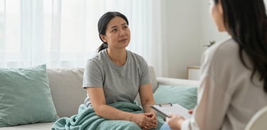 A calming photograph of a patient and a therapist engaged in a session in a bright, airy room. A soft teal blanket and light green pillows are visible. The composition is focused on a sense of connection and empathy, with soft daylight coming from the side.
