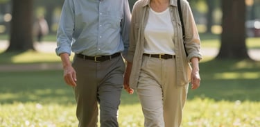 Photography of a mature North American couple walking happily through a sunlit park, representing the freedom and confidence of a well-planned retirement.