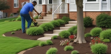 Two workers are engaged in landscaping activities in front of a modern building. The scene is sunny and features several palm trees and well-maintained greenery. A pile of soil is present, and a white van is parked nearby.