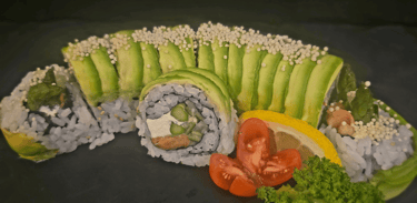 SR26 Philadelphia Roll $17.99 - smoked salmon, cucumber, asparagus, cream cheese with avocado on top