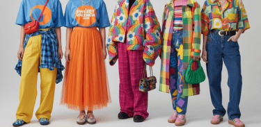 a group of people standing in front of a white wall wearing colorful whimsical cute fun outfit