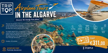 Scenic airplane tours in the Algarve showing a small plane over the coastal cliffs and turquoise ocean in Portugal.