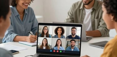 A small group of diverse Brazilian professionals participating in an interactive, empathetic online video conference on a laptop, warm and positive expressions. Sharp focus, clean modern desk setup.