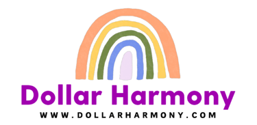Dollar Harmony Logo a colored rainbow with text and web address underneath