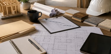 Architectural blueprints on a wooden desk with a hard hat, model home, and construction planning tools.