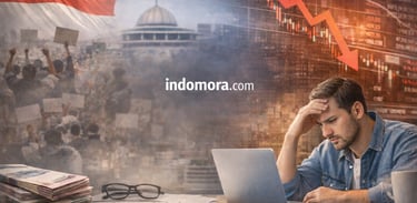 Ilustrasi ketidakpastian politik dan ekonomi dengan tulisan indomora.com.