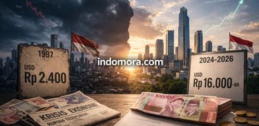 Ilustrasi perbandingan kurs rupiah ke dolar di Indonesia dan tulisan indomora.com