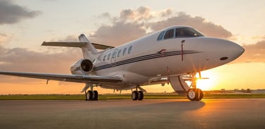 Luxury private jet parked on the tarmac at sunset, ready for VIP and business aviation. Offering elite travel, premium comfor