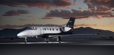 Luxury private jet parked on the tarmac at sunset, offering VIP travel and business aviation. Designed for executives and eli