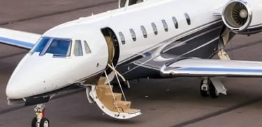 Luxury private jet with open door, ready for VIP boarding and exclusive travel. Perfect for business aviation, executive flig