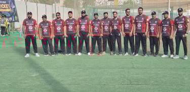Corporate cricket event at Sharjah Cricket Club with employees playing cricket and enjoying a team-b