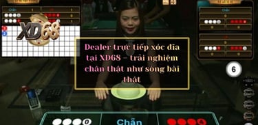 Dealer nữ mặc váy đỏ hoặc đen sang trọng, đang cầm đĩa xóc, phía sau là bàn cược và giao diện XD68.