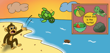 Chimpanzee tossing turtle into sea next to turtle quiz sign