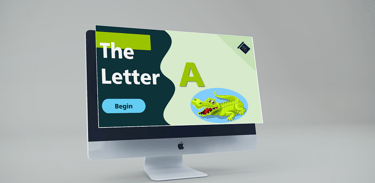 a computer monitor screen displaying a letter a with a cartoon alligator