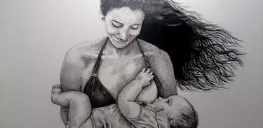Allysson Caetano | retrato realista feito a mão, de mãe amamentando o filho