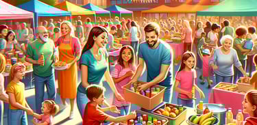 An illustration of children and parents happily sorting and recieve donated food