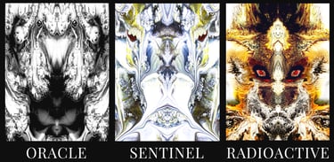 Three Dream Carnival abstract art phone cases featuring the Oracle, Sentinel, and Radioactive legend