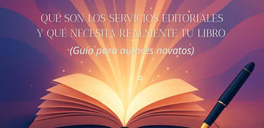 Guía sobre servicios editoriales para autores con libro abierto bajo luz dorada y una pluma.