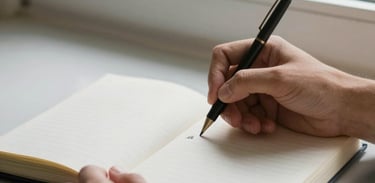 A person writing in a journal by a window with natural light, representing the reflection and growth of the therapeutic process. Hispanic home setting, calm colors.