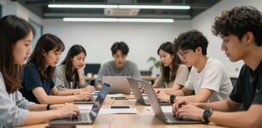Candid photography of a collaborative technology workshop in a modern US office space, featuring individuals engaged in learning future-ready skills.