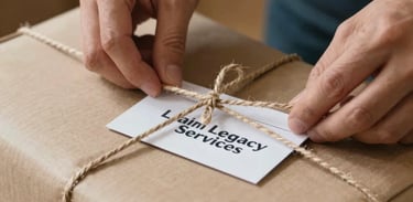A high-quality photograph of a package being carefully wrapped in thick paper and tied with twine, representing professional delivery. A small Liam Legacy Services card is visible. North American / US setting, warm and reassuring lighting.
