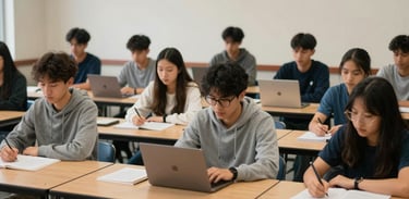 A documentary style photograph of a group of collegiate student-athletes in a campus study hall, highlighting the organization's focus on academic balance, North American / US Southern university setting.