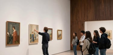A wide view of a modern gallery space within the center, with minimalist architecture. A teacher is pointing to a large canvas while students observe. Clean, professional photography in a South American setting, off-white and dark brown tones.