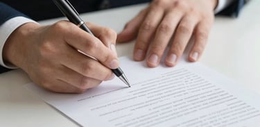 Close-up of a lawyer's hands signing a contract on a clean desk, highlighting precision and commitment, light grey and navy tones.