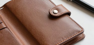 A close-up of a high-quality leather-bound organizer and a professional pen on a white desk. The lighting is soft and airy, conveying a sense of safety, order, and calm professionalism.