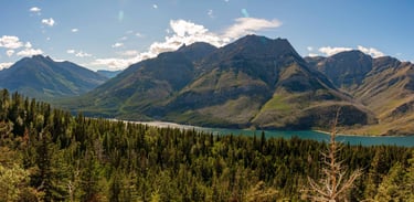 Upper Waterton Lake and mountains from the Crypt Lake Trail in Waterton Lakes National Park, Alberta